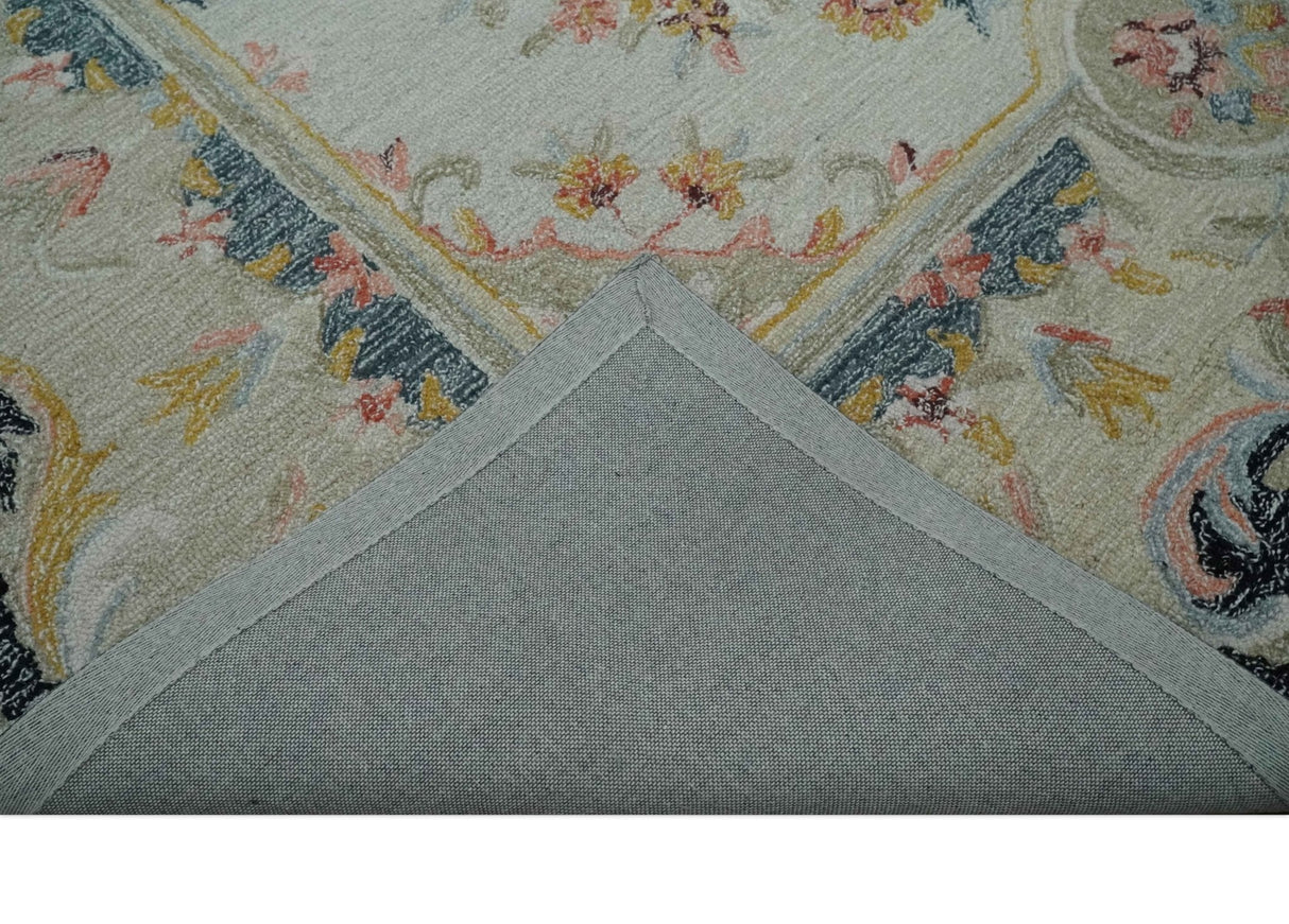 Ivory, Light Green and Charcoal Aubusson design Hand Tufted 8x10 wool Area Rug