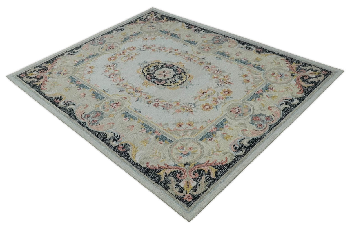 Ivory, Light Green and Charcoal Aubusson design Hand Tufted 8x10 wool Area Rug