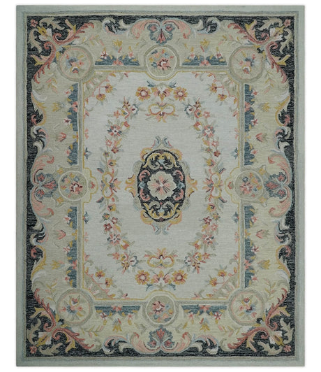 Ivory, Light Green and Charcoal Aubusson design Hand Tufted 8x10 wool Area Rug