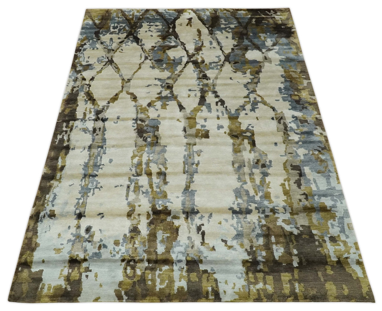 Ivory, Olive and Gray Modern Abstract 6x9 Hand Knotted Bamboo Silk Area Rug