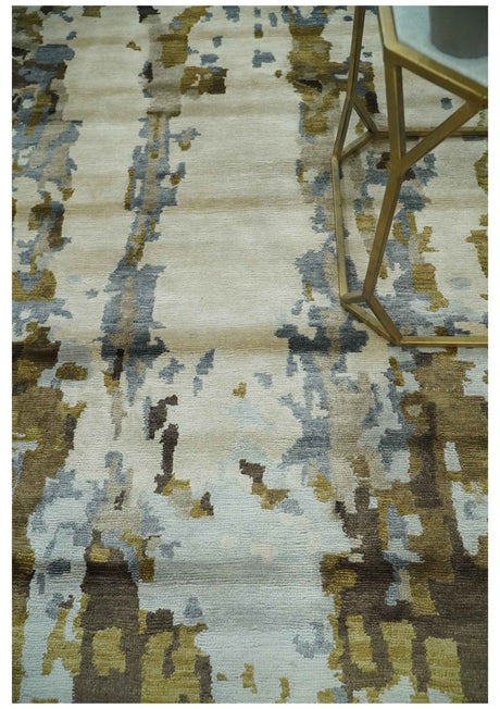 Ivory, Olive and Gray Modern Abstract 6x9 Hand Knotted Bamboo Silk Area Rug