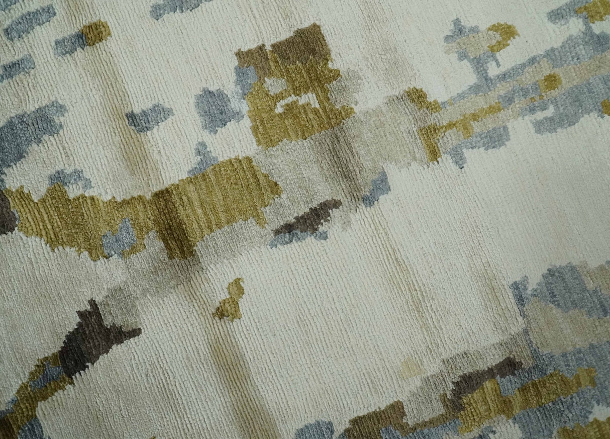 Ivory, Olive and Gray Modern Abstract 6x9 Hand Knotted Bamboo Silk Area Rug