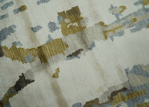 Ivory, Olive and Gray Modern Abstract 6x9 Hand Knotted Bamboo Silk Area Rug