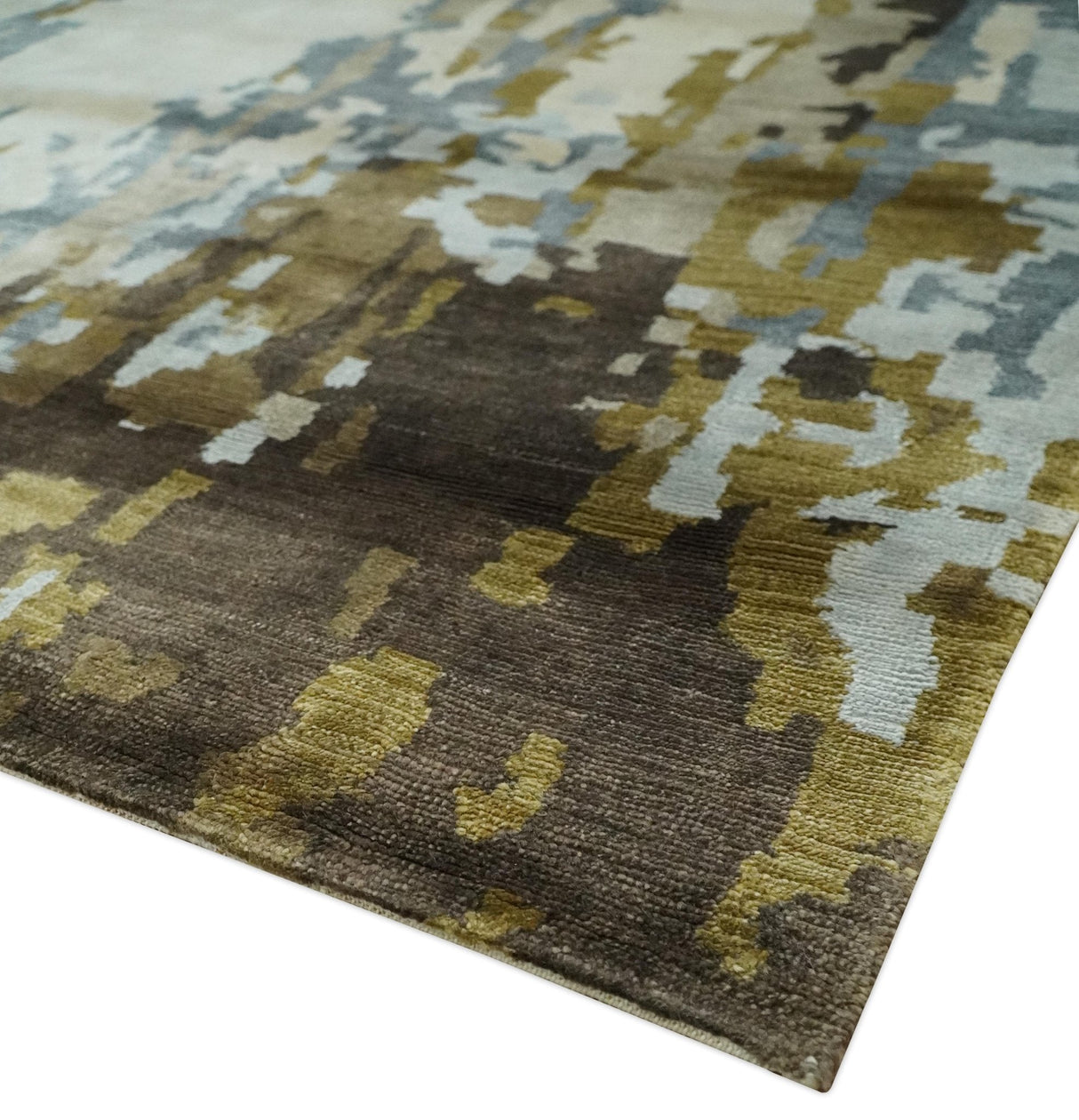Ivory, Olive and Gray Modern Abstract 6x9 Hand Knotted Bamboo Silk Area Rug
