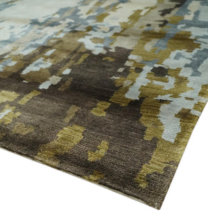 Ivory, Olive and Gray Modern Abstract 6x9 Hand Knotted Bamboo Silk Area Rug