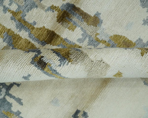 Ivory, Olive and Gray Modern Abstract 6x9 Hand Knotted Bamboo Silk Area Rug
