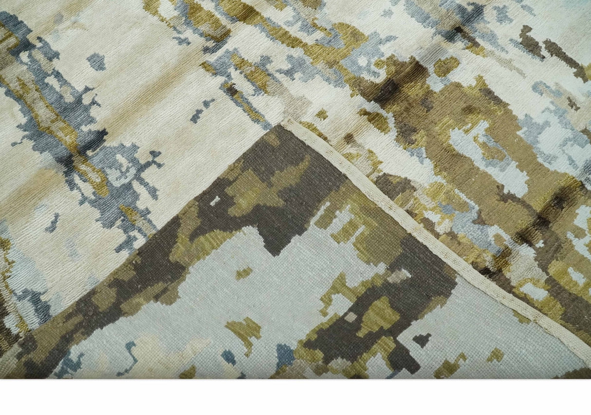 Ivory, Olive and Gray Modern Abstract 6x9 Hand Knotted Bamboo Silk Area Rug