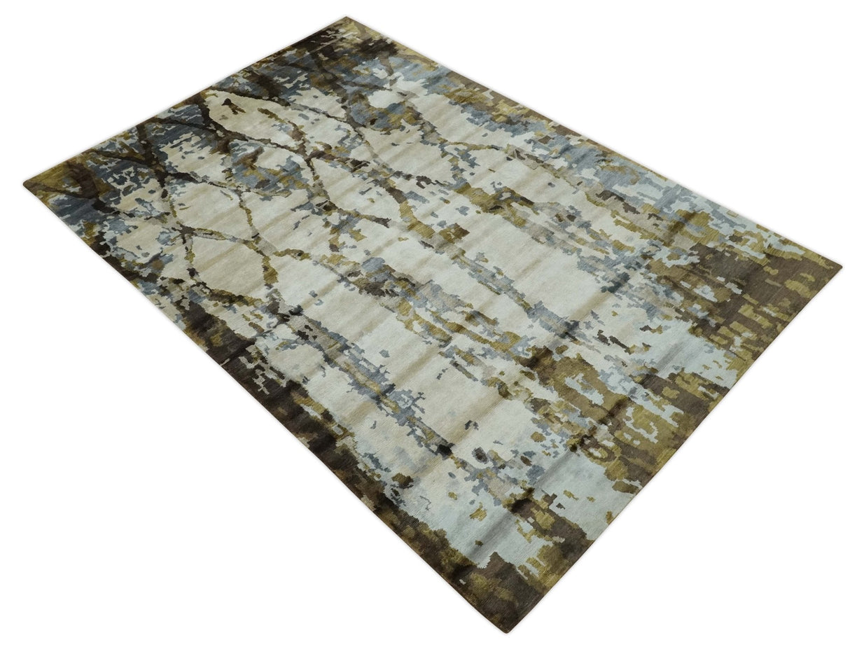 Ivory, Olive and Gray Modern Abstract 6x9 Hand Knotted Bamboo Silk Area Rug
