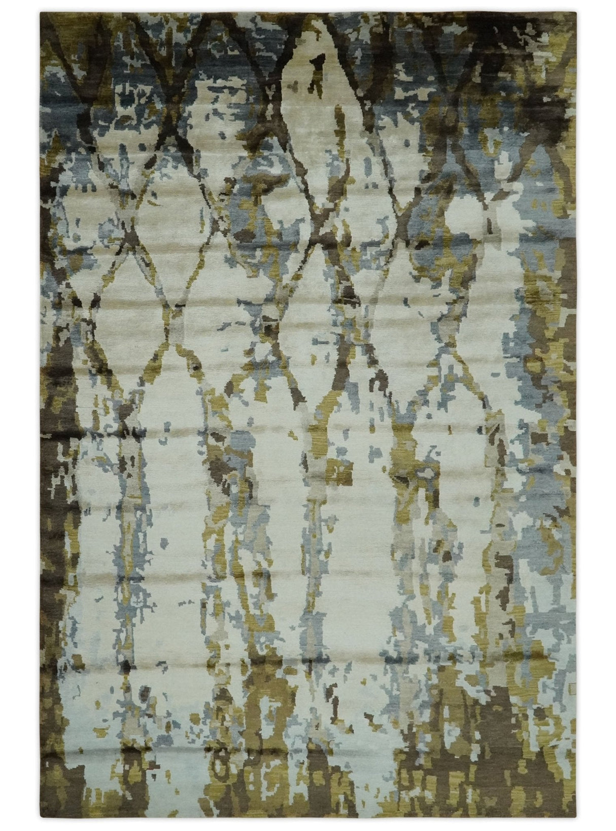 Ivory, Olive and Gray Modern Abstract 6x9 Hand Knotted Bamboo Silk Area Rug