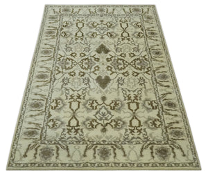 Ivory, Olive and Gray Traditional Hand Knotted Oriental Oushak 5x8 wool Area Rug
