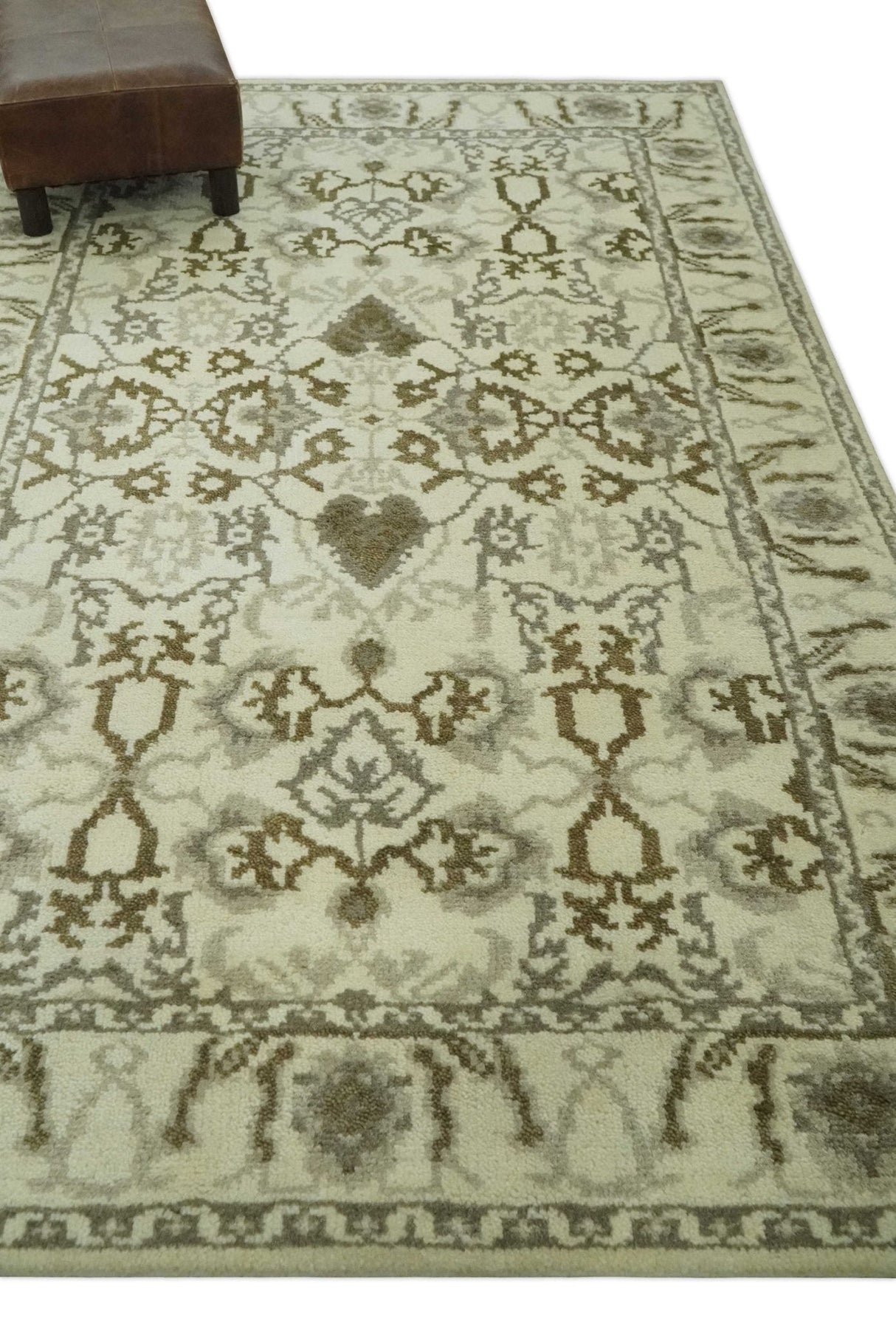 Ivory, Olive and Gray Traditional Hand Knotted Oriental Oushak 5x8 wool Area Rug