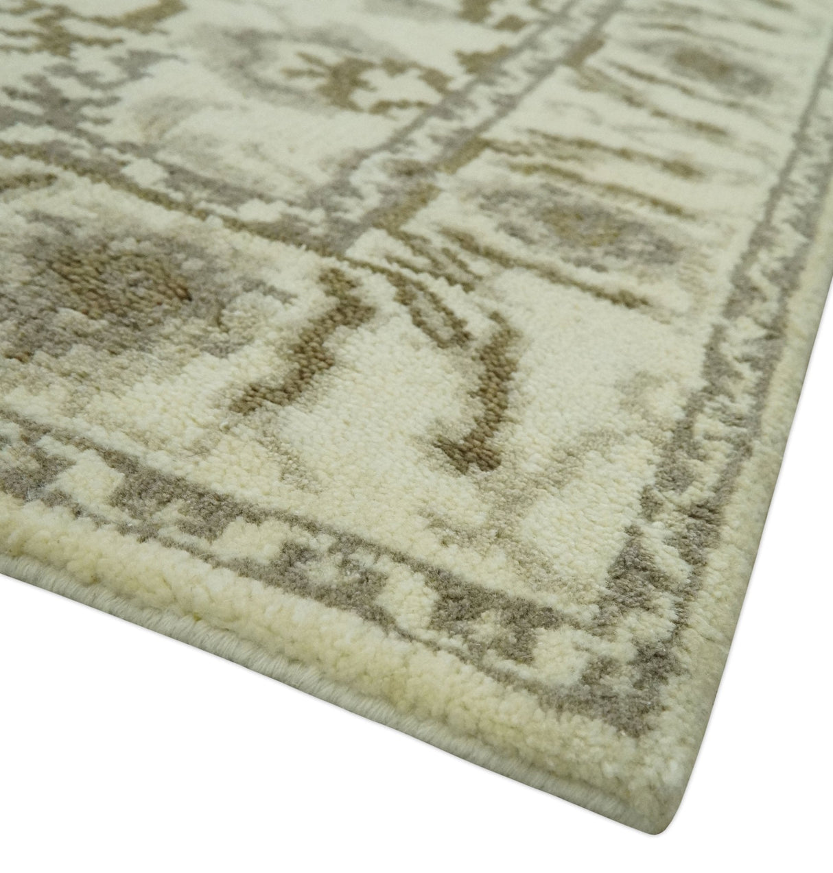 Ivory, Olive and Gray Traditional Hand Knotted Oriental Oushak 5x8 wool Area Rug