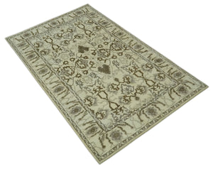 Ivory, Olive and Gray Traditional Hand Knotted Oriental Oushak 5x8 wool Area Rug