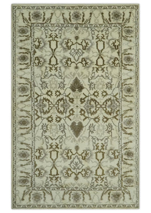 Ivory, Olive and Gray Traditional Hand Knotted Oriental Oushak 5x8 wool Area Rug