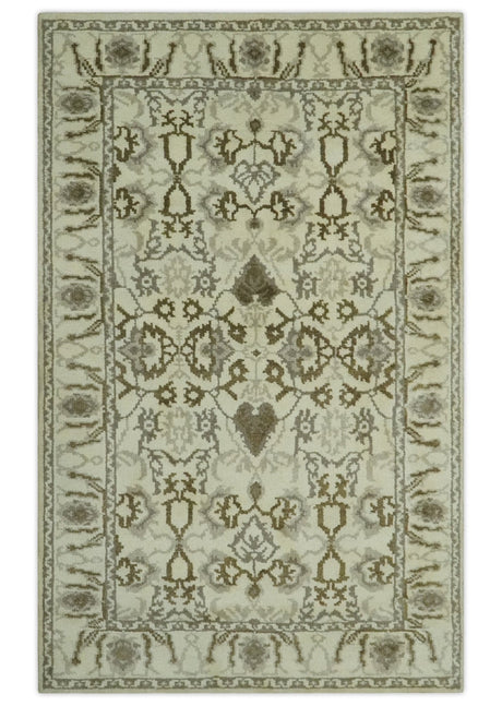 Ivory, Olive and Gray Traditional Hand Knotted Oriental Oushak 5x8 wool Area Rug