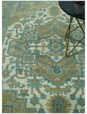 Ivory, Olive and Teal Hand Knotted Traditional Heriz 8x10 wool area rug
