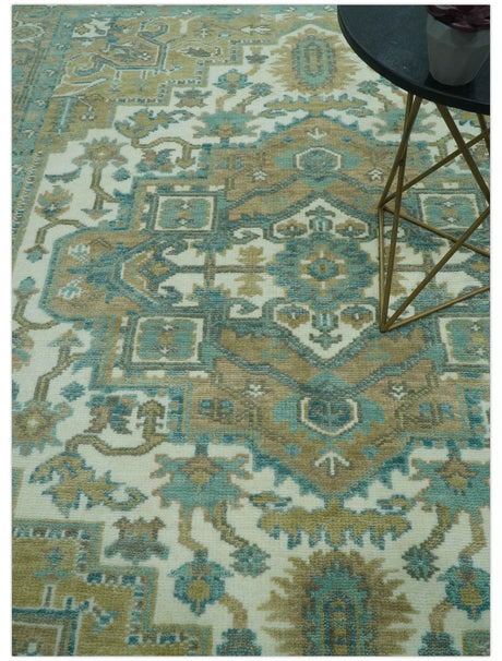 Ivory, Olive and Teal Hand Knotted Traditional Heriz 8x10 wool area rug