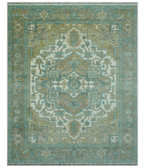 Ivory, Olive and Teal Hand Knotted Traditional Heriz 8x10 wool area rug