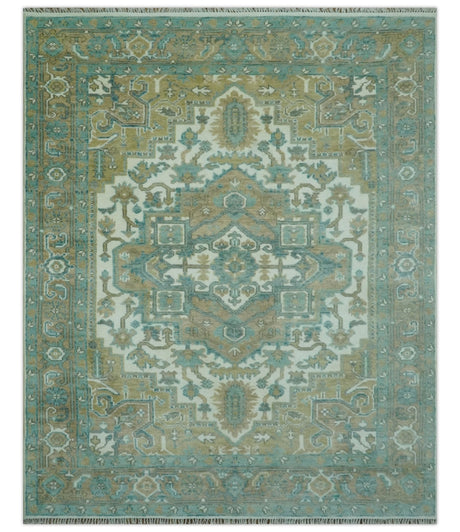 Ivory, Olive and Teal Hand Knotted Traditional Heriz 8x10 wool area rug