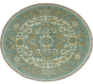 Ivory, Olive and Teal Hand Knotted Traditional Heriz Custom Made wool area rug