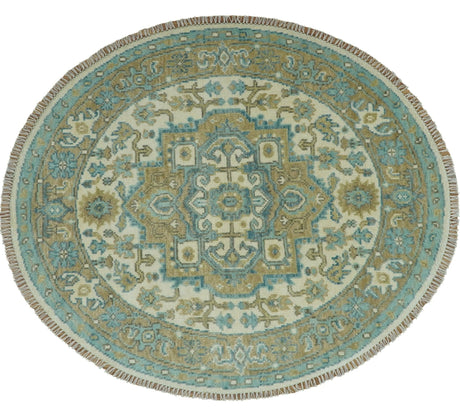 Ivory, Olive and Teal Hand Knotted Traditional Heriz Custom Made wool area rug
