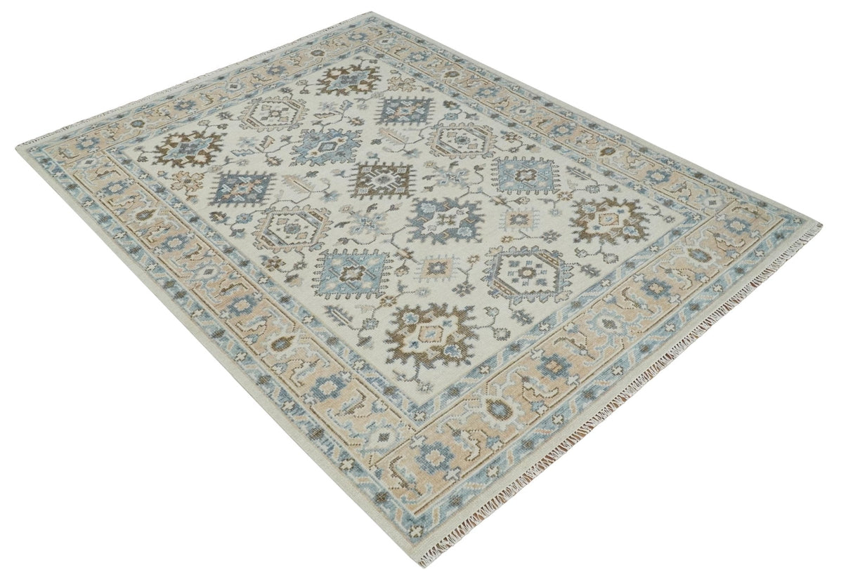 Ivory, Peach and Gray Hand knotted 8x10 Traditional Ikat Design Oushak wool Area Rug