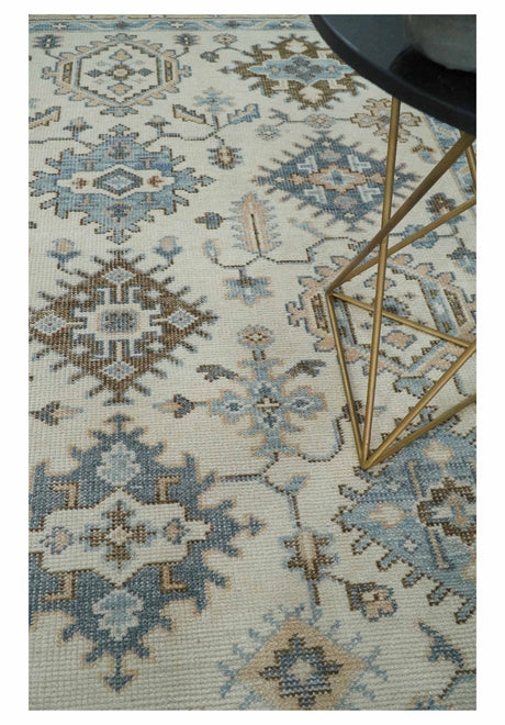 Ivory, Peach and Gray Hand knotted 8x10 Traditional Ikat Design Oushak wool Area Rug