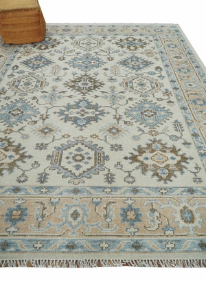 Ivory, Peach and Gray Hand knotted 8x10 Traditional Ikat Design Oushak wool Area Rug