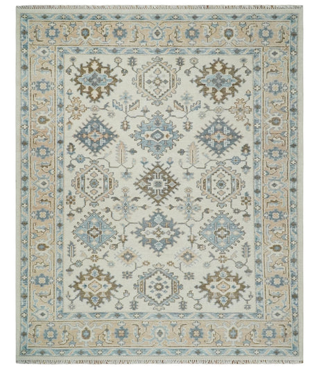 Ivory, Peach and Gray Hand knotted 8x10 Traditional Ikat Design Oushak wool Area Rug