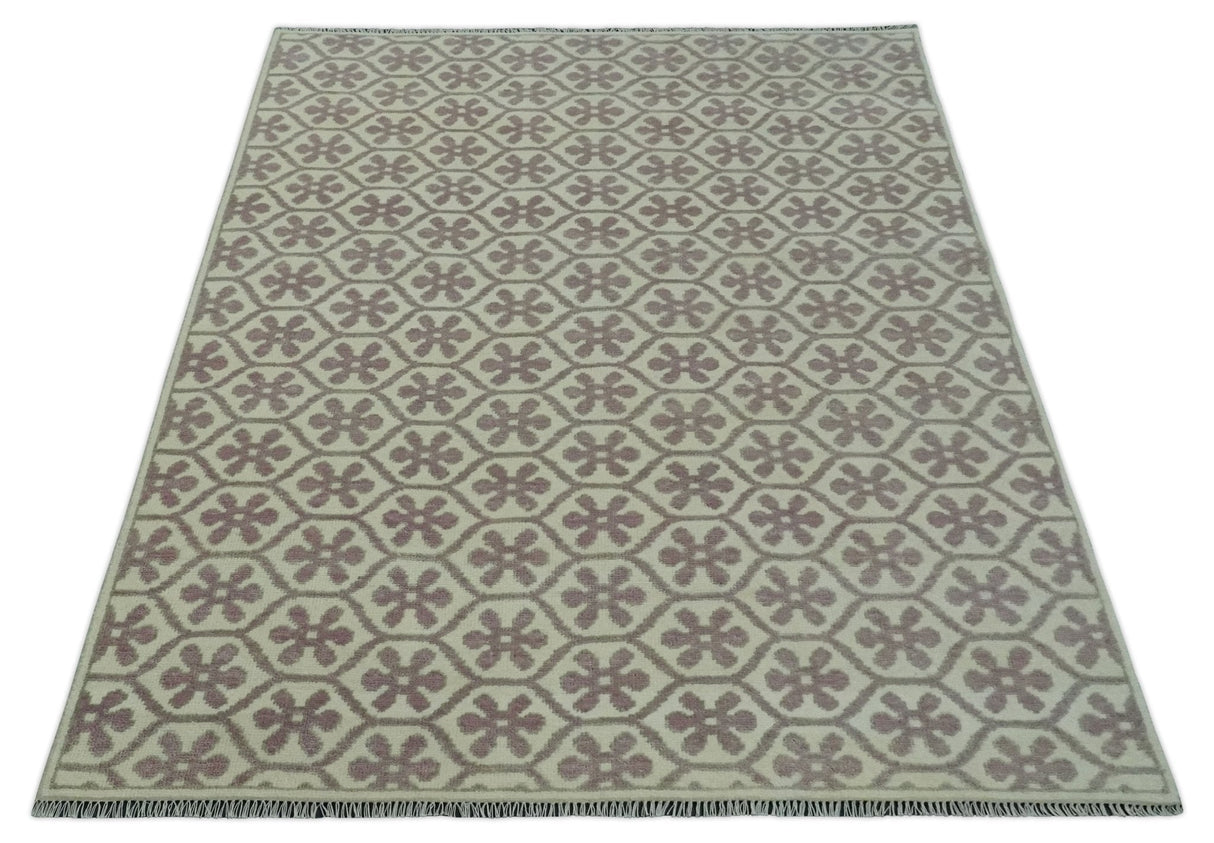 Ivory, Purple and Gray Hand Knotted Geometrical Floral 8x10 wool Area Rug