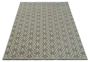Ivory, Purple and Gray Hand Knotted Geometrical Floral 8x10 wool Area Rug
