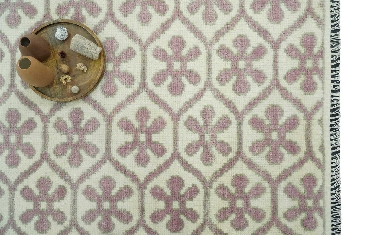 Ivory, Purple and Gray Hand Knotted Geometrical Floral 8x10 wool Area Rug