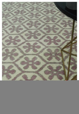 Ivory, Purple and Gray Hand Knotted Geometrical Floral 8x10 wool Area Rug