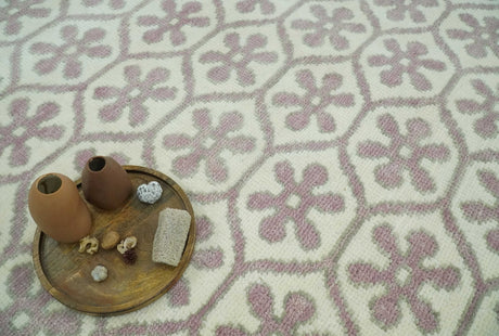 Ivory, Purple and Gray Hand Knotted Geometrical Floral 8x10 wool Area Rug