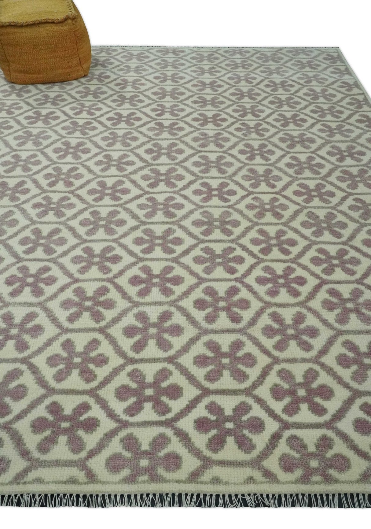 Ivory, Purple and Gray Hand Knotted Geometrical Floral 8x10 wool Area Rug