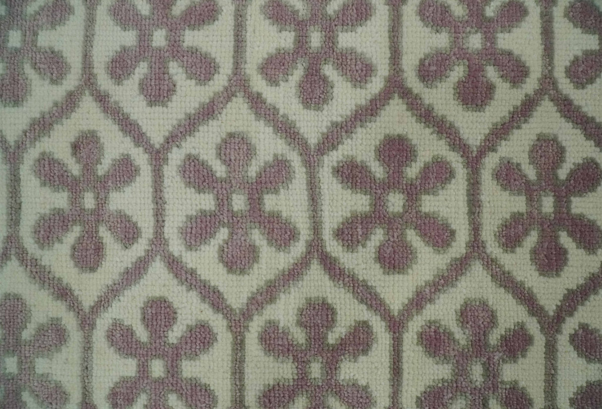 Ivory, Purple and Gray Hand Knotted Geometrical Floral 8x10 wool Area Rug