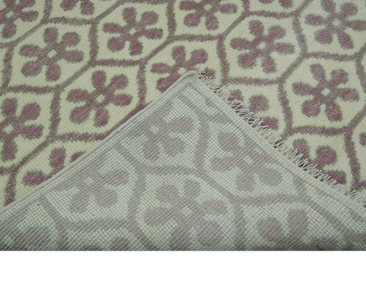 Ivory, Purple and Gray Hand Knotted Geometrical Floral 8x10 wool Area Rug