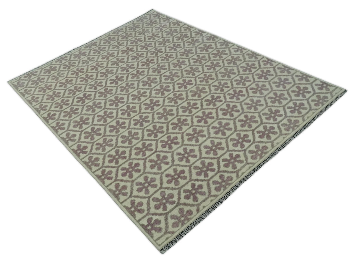 Ivory, Purple and Gray Hand Knotted Geometrical Floral 8x10 wool Area Rug