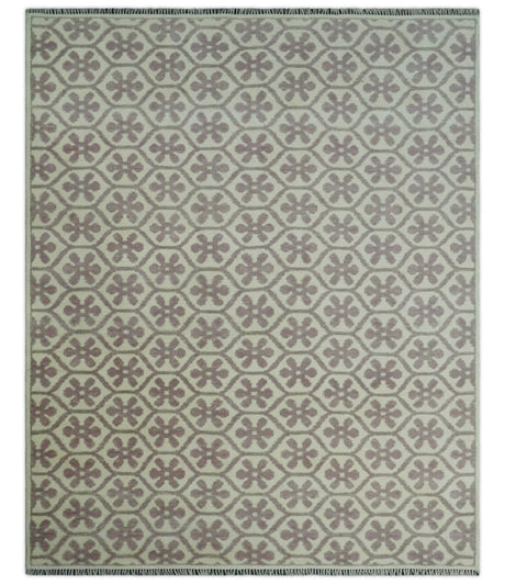 Ivory, Purple and Gray Hand Knotted Geometrical Floral 8x10 wool Area Rug