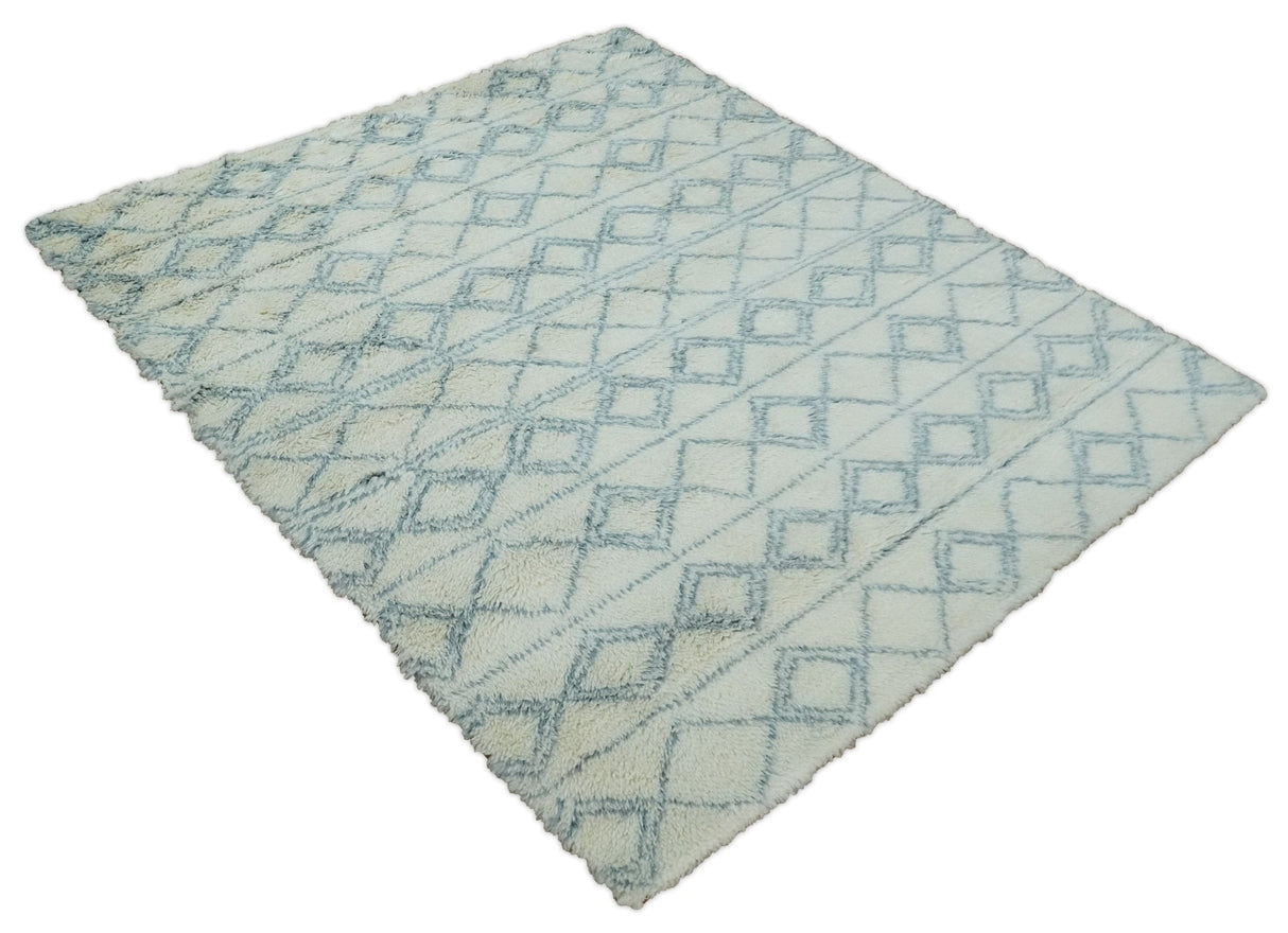 Ivory and Blue 4x6, 5x8 and 8x10 Moroccan Rug | White and Blue Wool Rug | TRD1713