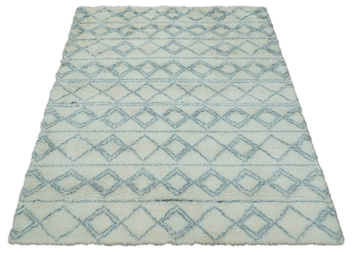 Ivory and Blue 4x6, 5x8 and 8x10 Moroccan Rug | White and Blue Wool Rug | TRD1713