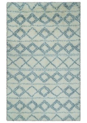 Ivory and Blue 4x6, 5x8 and 8x10 Moroccan Rug | White and Blue Wool Rug | TRD1713