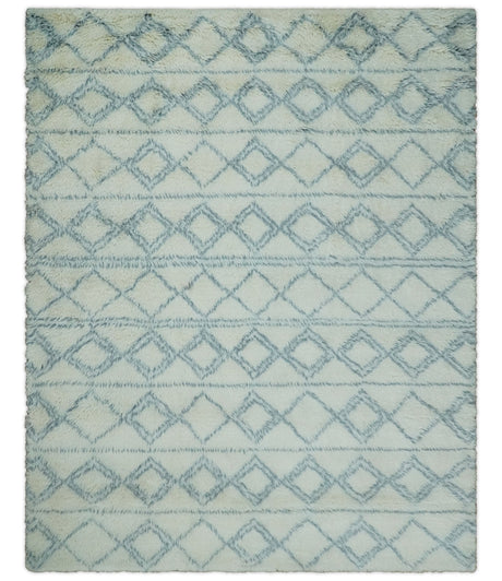 Ivory and Blue 4x6, 5x8 and 8x10 Moroccan Rug | White and Blue Wool Rug | TRD1713