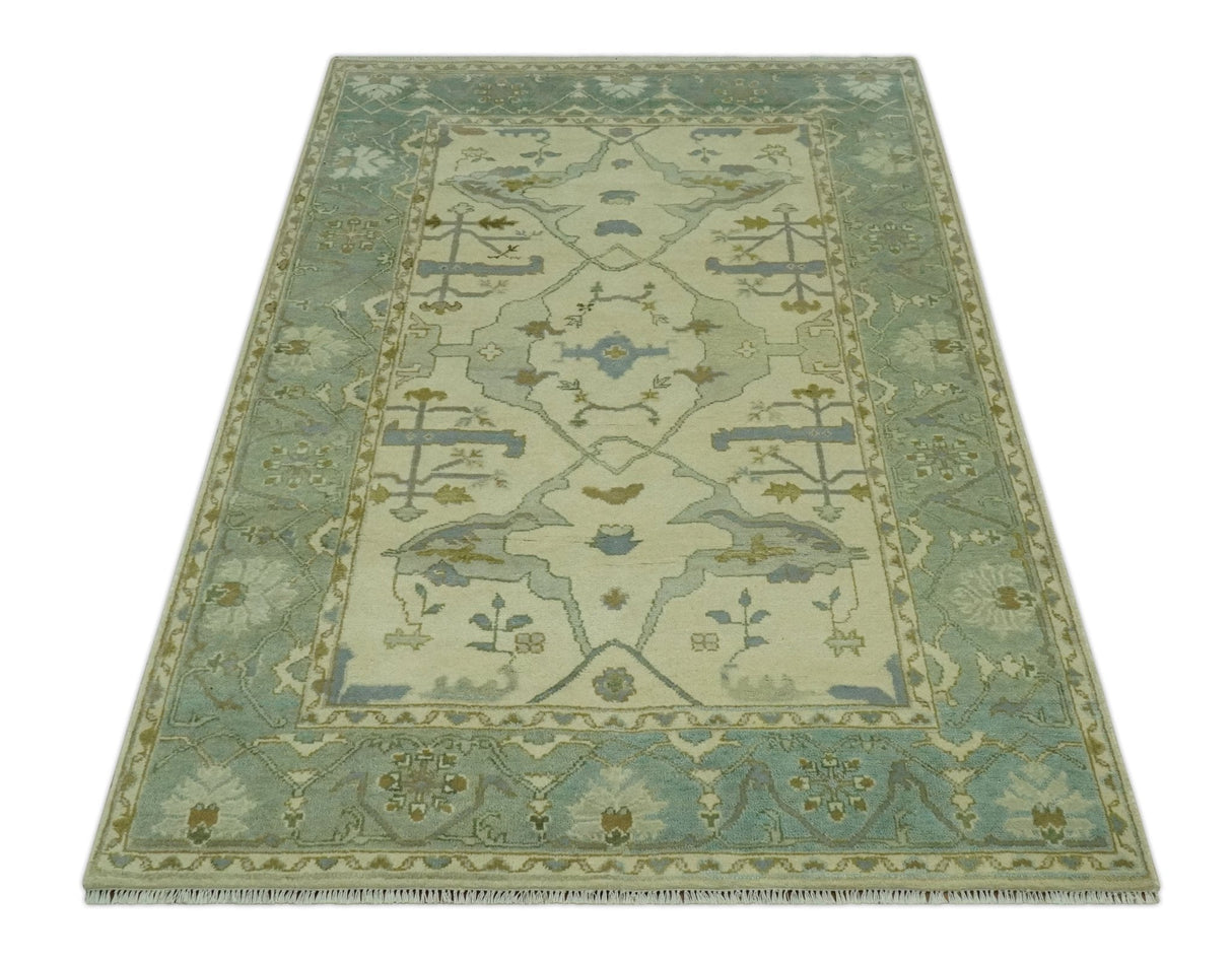 Ivory and Blue 6x9 Hand Knotted Traditional Oriental Oushak wool area rug