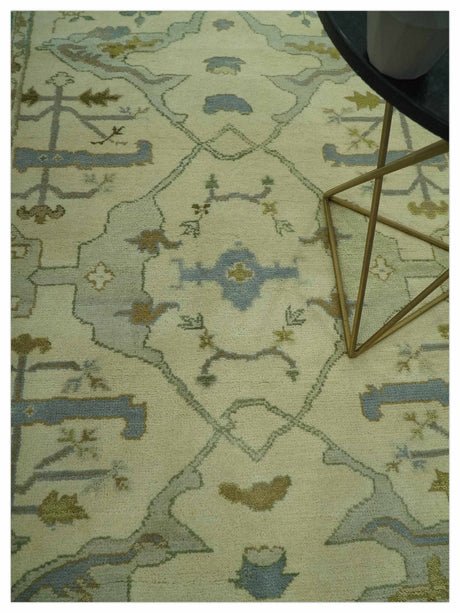 Ivory and Blue 6x9 Hand Knotted Traditional Oriental Oushak wool area rug