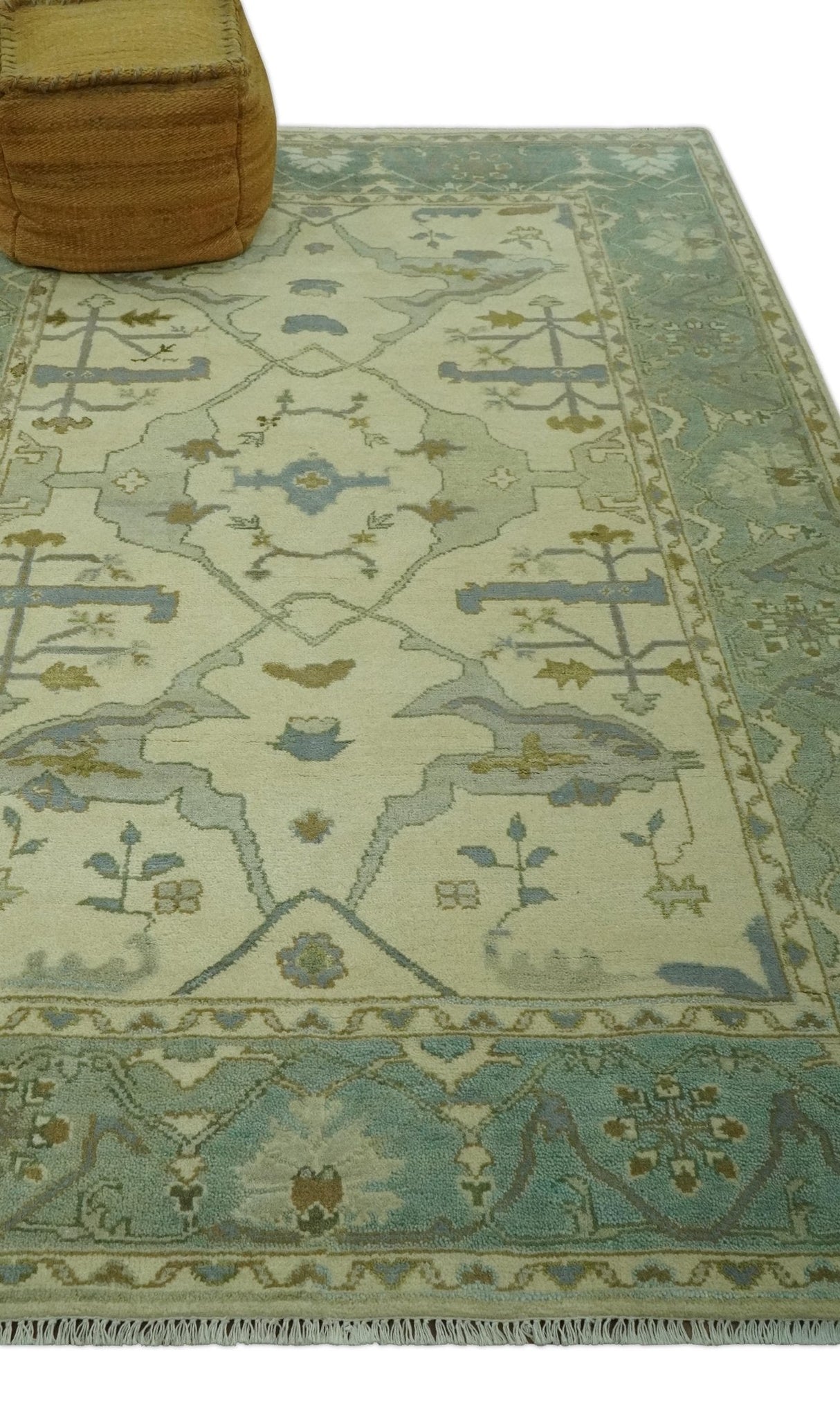 Ivory and Blue 6x9 Hand Knotted Traditional Oriental Oushak wool area rug