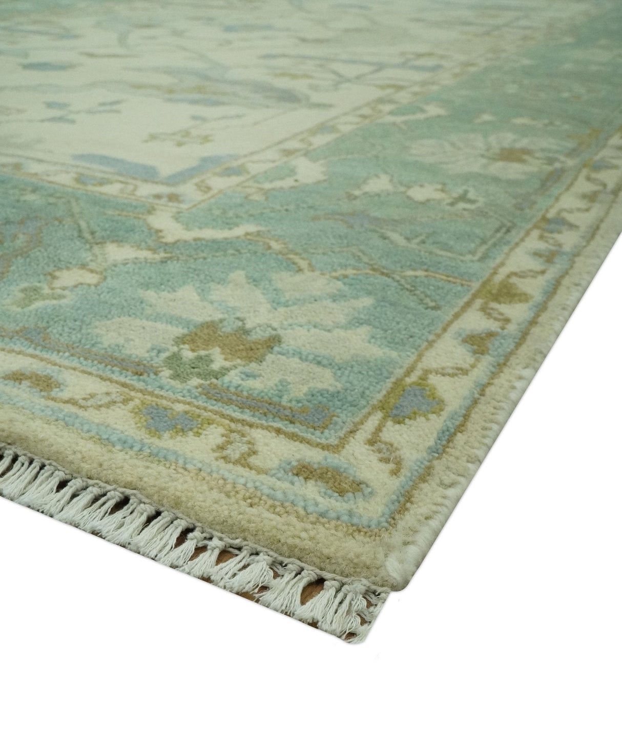 Ivory and Blue 6x9 Hand Knotted Traditional Oriental Oushak wool area rug