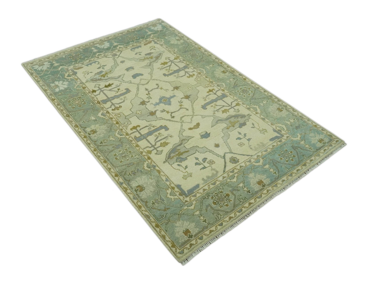 Ivory and Blue 6x9 Hand Knotted Traditional Oriental Oushak wool area rug