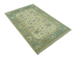 Ivory and Blue 6x9 Hand Knotted Traditional Oriental Oushak wool area rug