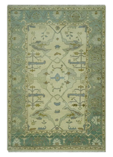 Ivory and Blue 6x9 Hand Knotted Traditional Oriental Oushak wool area rug